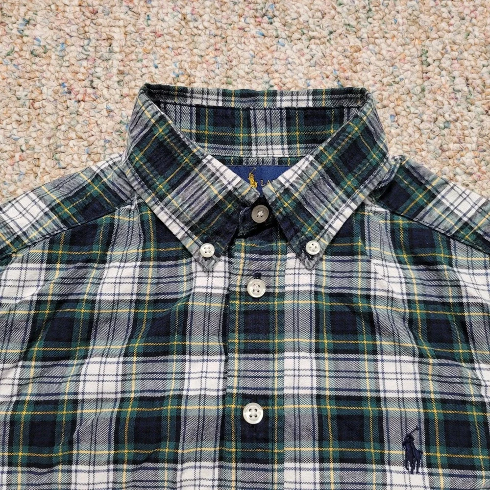 Ralph Lauren Shirt Boy Medium 10-12 Green Navy White Plaid OCBD Button Down Prep